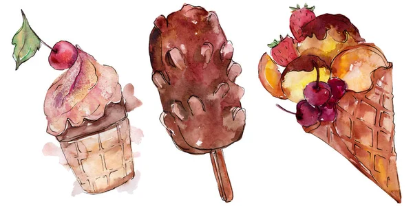 Tasty ice cream in a watercolor style. Aquarelle sweet dessert illustration set. Isolated desserts background element. — Stock Photo, Image