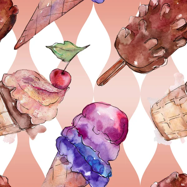 Gelato gustoso in stile acquerello. Set illustrazione dolce dolce Aquarelle. Modello di sfondo senza soluzione di continuità . — Foto Stock