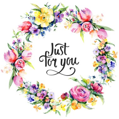 Buketler çiçek botanik çiçekler. Suluboya arka plan illüstrasyon küme. Çerçeve kenarlığı süsleme Meydanı.