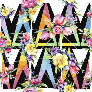 Buketler çiçek botanik çiçekler. Suluboya arka plan illüstrasyon küme. Sorunsuz arka plan deseni.