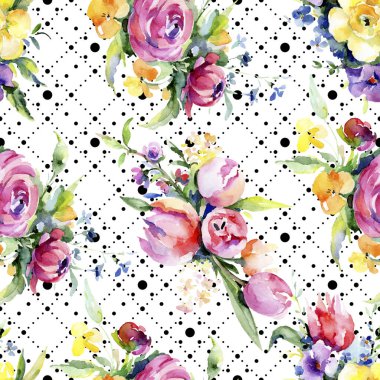Buketler çiçek botanik çiçekler. Suluboya arka plan illüstrasyon küme. Sorunsuz arka plan deseni.