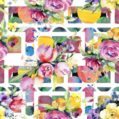 Buketler çiçek botanik çiçekler. Suluboya arka plan illüstrasyon küme. Sorunsuz arka plan deseni.