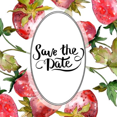 Çilek sağlıklı gıda izole. Suluboya arka plan illüstrasyon küme. Çerçeve kenarlığı süsleme Meydanı.