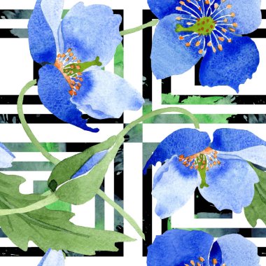 Mavi Haşhaş botanik çiçek. Vahşi bahar yaprak izole kır çiçeği. Suluboya resim kümesi. Suluboya çizim moda aquarelle. Sorunsuz arka plan deseni. Kumaş duvar kağıdı yazdırma doku.