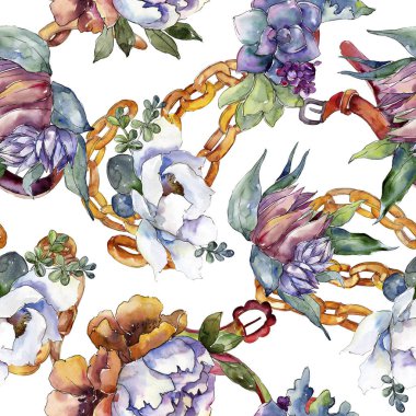 Buketler çiçek botanik çiçekler. Suluboya arka plan illüstrasyon küme. Sorunsuz arka plan deseni.