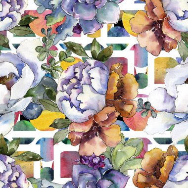 Buketler çiçek botanik çiçekler. Suluboya arka plan illüstrasyon küme. Sorunsuz arka plan deseni.