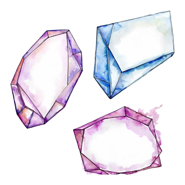 Coloridos diamantes minerales de joyería de roca. Conjunto de fondo acuarela. Ilustración de cristal aislado —  Fotos de Stock