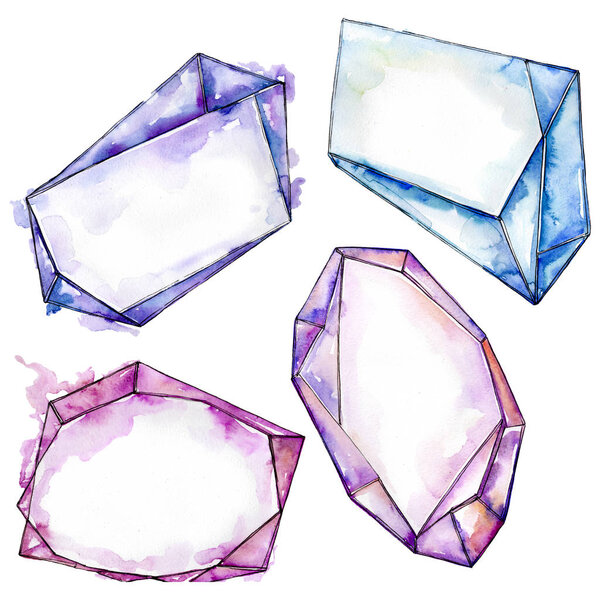 Colorful diamond rock jewelry minerals. Watercolor background set. Isolated crystal illustration