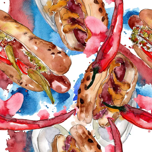 Hot dog fast food ilustração. Conjunto de ilustração de fundo aquarela. Padrão de fundo sem costura . — Fotografia de Stock