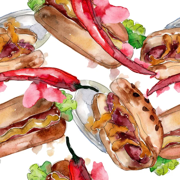 Hot dog ilustracja jedzenie fast. Zestaw ilustracji tle akwarela. Bezszwowe tło wzór. — Zdjęcie stockowe