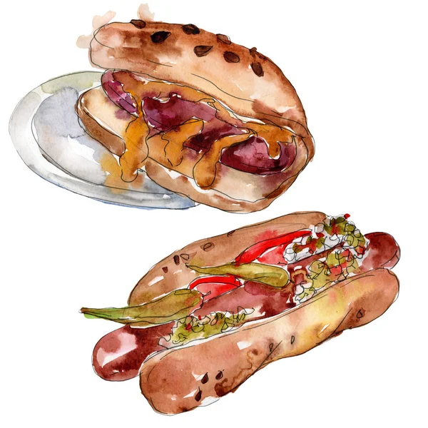 Hot dog fast food isolado. Conjunto de ilustração de fundo aquarela. Isolado lanche ilustração elemento . — Fotografia de Stock