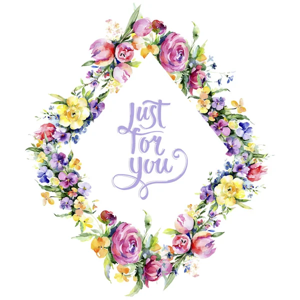 Buketler çiçek botanik çiçekler. Suluboya arka plan illüstrasyon küme. Çerçeve kenarlığı süsleme Meydanı.