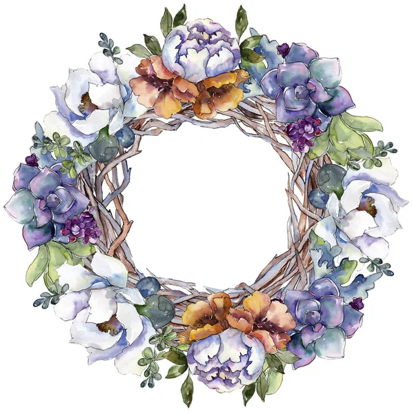 Ramos de flores botánicas florales. Conjunto de ilustración de fondo acuarela. Marco borde ornamento cuadrado . — Foto de Stock