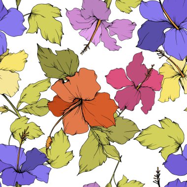 Vektör Hibiscus çiçek botanik çiçek. Oyulmuş mürekkep sanat. Sorunsuz arka plan deseni. Kumaş duvar kağıdı yazdırma doku.