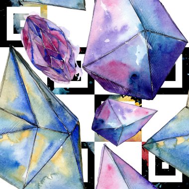 Renkli elmas taş takı mineraller. Suluboya kristal taş arka plan ayarlayın. Sorunsuz arka plan deseni.