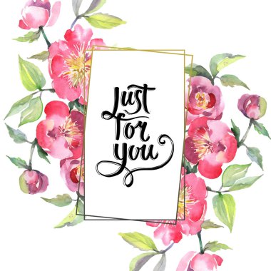 Pembe şakayık buket çiçek botanik çiçekler. Suluboya arka plan illüstrasyon seti. Çerçeve kenarlık süsleme kare.