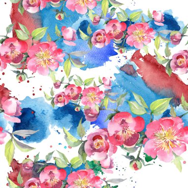 Pembe şakayık buket çiçek botanik çiçekler. Suluboya arka plan illüstrasyon seti. Kesintisiz arka plan deseni.