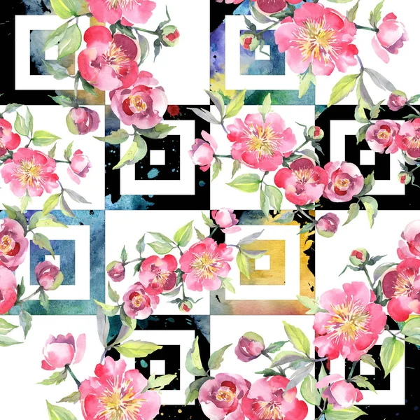 Ramo de peonía rosa flores botánicas florales. Conjunto de ilustración de fondo acuarela. Patrón de fondo sin costuras . —  Fotos de Stock
