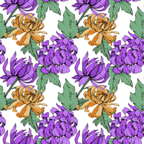 Vecteur Fleurs botaniques florales de Chrysanthème. Encre gravée. Modèle de fond sans couture . — Image vectorielle