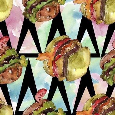 Hamburger suluboya tarzında. Suluboya lokanta illüstrasyon öğesi. Sorunsuz arka plan deseni.