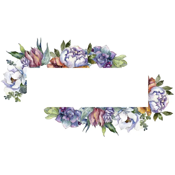 Bouquets fiori botanici floreali. Acquerello sfondo illustrazione set. Quadrato ornamento bordo cornice . — Foto Stock