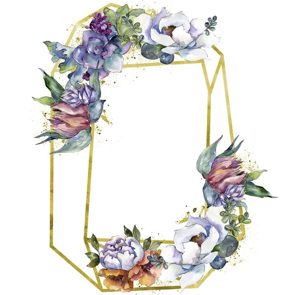 부케 꽃 식물 꽃입니다. 수채화 배경 그림 설정 합니다. 프레임 테두리 장식 스퀘어. — 스톡 사진