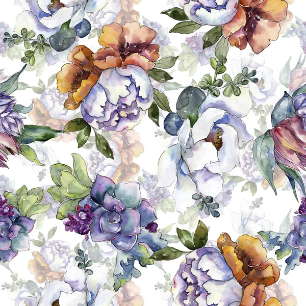 Bouquets floral botanical flowers. Watercolor background illustration set. Seamless background pattern. — Stock Photo, Image