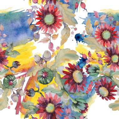 Kırmızı Aster ve palamut buket çiçek botanik çiçekler. Suluboya illüstrasyon seti. Kesintisiz arka plan deseni.