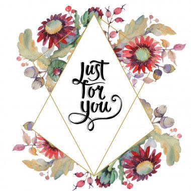 Kırmızı Aster ve meşe palamudu buket botanik çiçekler. Suluboya arka plan illüstrasyon seti. Çerçeve kenarlık süsleme kare.