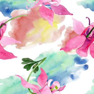 Kırmızı aquilegia botanik çiçek. Suluboya arka plan illüstrasyon küme. Sorunsuz arka plan deseni.