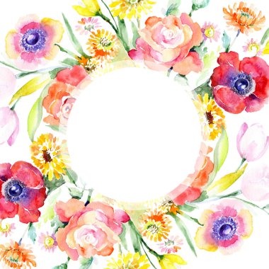 Sarı ve kırmızı çiçek botanik çiçekler buket. Suluboya arka plan illüstrasyon küme. Çerçeve kenarlığı süsleme Meydanı.