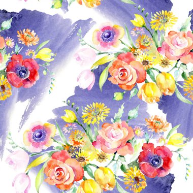 Sarı ve kırmızı çiçek botanik çiçekler buket. Suluboya arka plan illüstrasyon küme. Sorunsuz arka plan deseni.