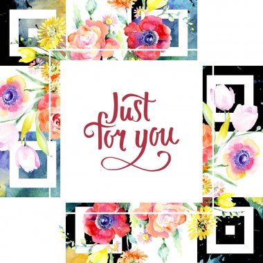 Sarı ve kırmızı çiçek botanik çiçekler buket. Suluboya arka plan illüstrasyon küme. Çerçeve kenarlığı süsleme Meydanı.