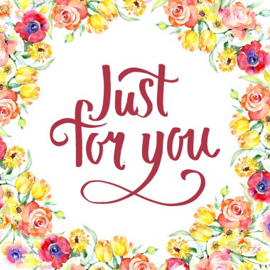 Sarı ve kırmızı çiçek botanik çiçekler buket. Suluboya arka plan illüstrasyon küme. Çerçeve kenarlığı süsleme Meydanı.