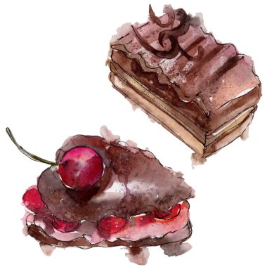 Meyve izole bir sulu boya stilinde lezzetli pasta. Aquarelle tatlı tatlı. Arka plan illüstrasyon seti.