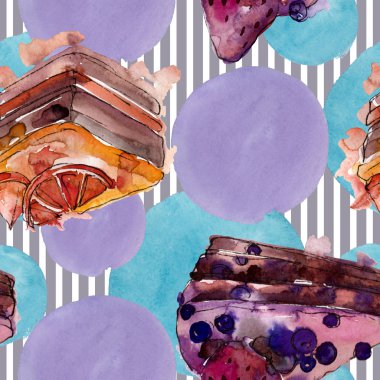 Meyve izole bir sulu boya stilinde lezzetli pasta. Şekerli tatlı illüstrasyon. Sorunsuz arka plan deseni.