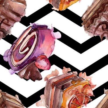 Meyve izole bir sulu boya stilinde lezzetli pasta. Şekerli tatlı illüstrasyon. Sorunsuz arka plan deseni.