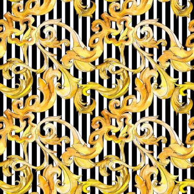 Altın monogram çiçek süsleme. Suluboya arka plan illüstrasyon küme. Sorunsuz arka plan deseni.