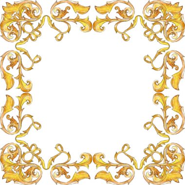 Altın monogram çiçek süsleme. Suluboya arka plan illüstrasyon küme. Çerçeve kenarlığı süsleme Meydanı.
