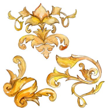 Altın monogram çiçek süsleme. Barok izole öğeleri Tasarla. Suluboya arka plan illüstrasyon seti.