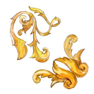 Altın monogram çiçek süsleme. Barok izole öğeleri Tasarla. Suluboya arka plan illüstrasyon seti.