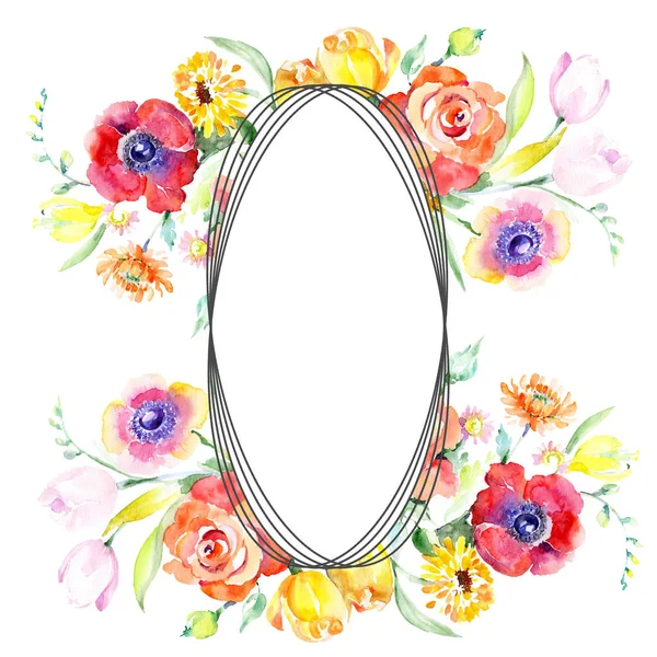 Gele en rode bloemen botanische bloemen boeket. Aquarel achtergrond afbeelding instellen. Frame grens ornament vierkant. — Stockfoto
