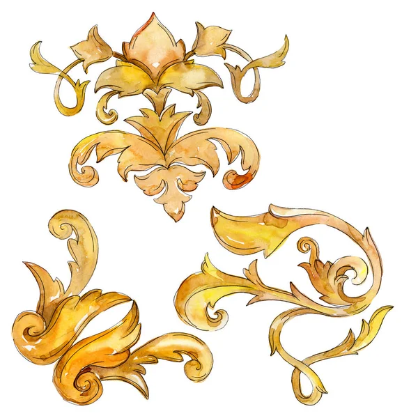 Gold monogram floral ornament. Baroque design isolated elements. Watercolor background illustration set. — Stock Photo, Image