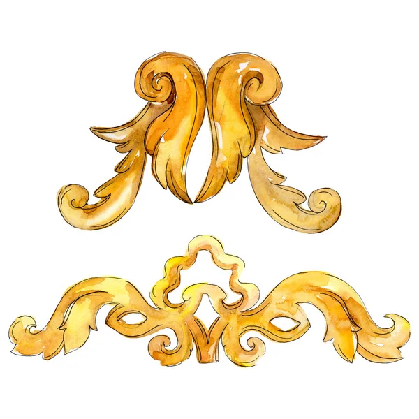 Monogram zlatý vegetabilní ornament. Barokní izolované prvky návrhu. Sada akvarel pozadí obrázku. — Stock fotografie