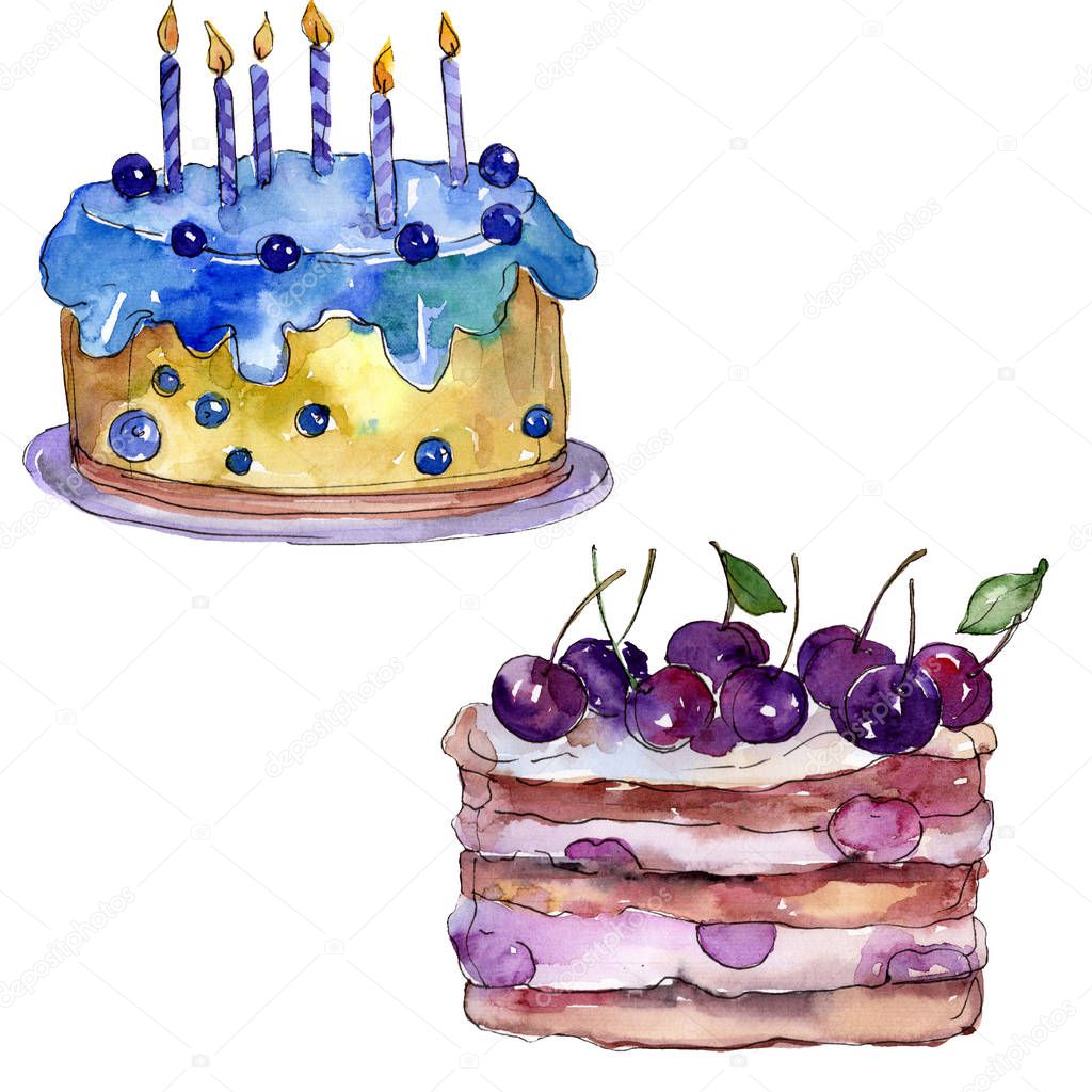 Tasty cake with fruits in a watercolor style isolated. Aquarelle sweet dessert. Background illustration set.