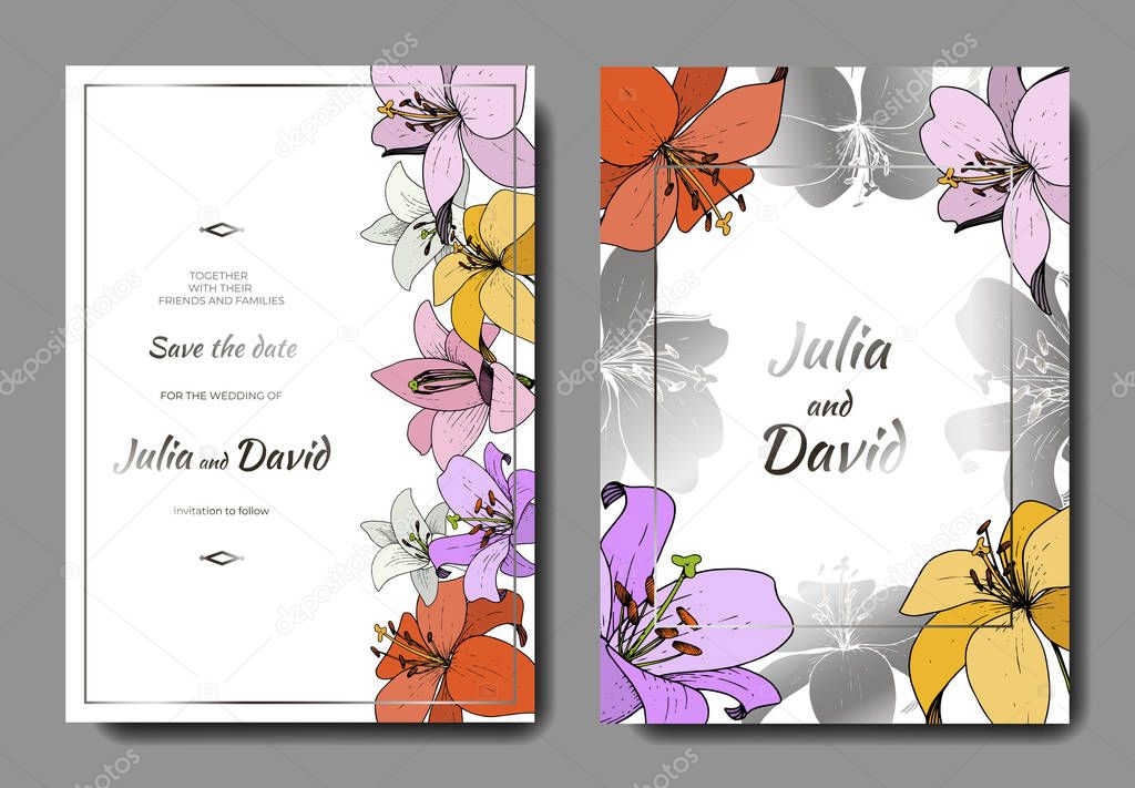 Vector Lily floral botanical flower. Engraved ink art. Wedding background card floral decorative border.