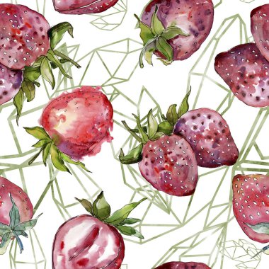 Çilek sağlıklı gıda izole bir suluboya tarzında. Suluboya resim kümesi. Sorunsuz arka plan deseni.