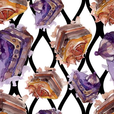 Meyve izole bir sulu boya stilinde lezzetli pasta. Şekerli tatlı illüstrasyon. Sorunsuz arka plan deseni.