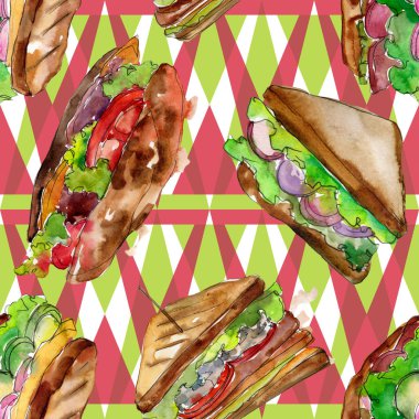 Bir suluboya tarzında sandviç. Suluboya lokanta illüstrasyon öğesi. Sorunsuz arka plan deseni.