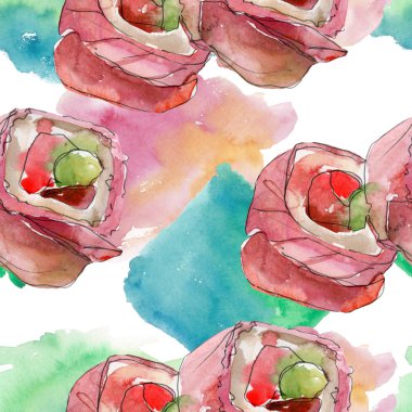 Güzel lezzetli Japon yemekleri illüstrasyon suluboya suşi kümesi. Sorunsuz arka plan deseni.